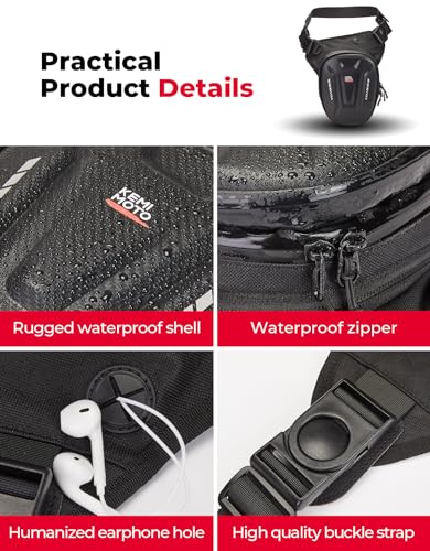 KEMIMOTO Motorcycle Magnetic Tank Bag, EVA Hard Shell Thigh and Drop Leg Bag, Motorcycle Waist Pack for Men and Women, Ideal for Cycling, Hiking and Running, 12L, Black
