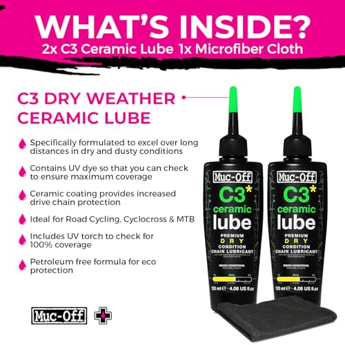 Muc-Off C3 Dry Weather Ceramic Lube 120ml (Pack of 2) with Microfiber Cloth | Premium Chain Lubricant for Dry, Dusty & Damp Conditions | Ceramic Protection with UV Dye - size: 120ml (Pack of 2)