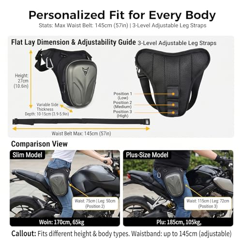Hard Shell Motorcycle Drop Leg Bag, Expandable Thigh Pack for Men, Water-Resistant Hip Waist Pouch for Riding, Tactical Hiking & Daily Commute, 2-3.2L Capacity (Black) - color: Black