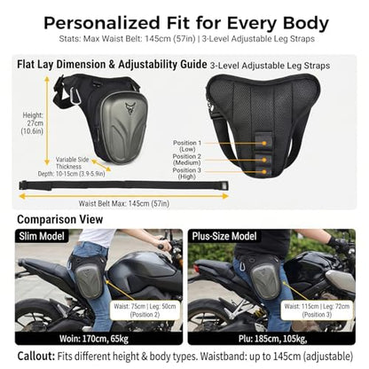 Hard Shell Motorcycle Drop Leg Bag, Expandable Thigh Pack for Men, Water-Resistant Hip Waist Pouch for Riding, Tactical Hiking & Daily Commute, 2-3.2L Capacity (Black) - color: Black