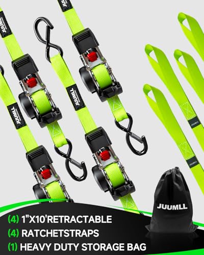 Retractable Ratchet Straps 4-Pack, 1” x 10ft Self Retracting Tie Down Straps with 1,650lb Break Strength, Auto Cargo Straps for Motorcycle, Kayak, ATV, Truck Bed & Cargo Transport (Green) - color: Black Green
