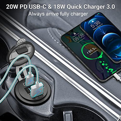 Qidoe 2 Pack PD3.0 20W and QC3.0 18W USB C Car Charger With LED Voltmeter and ON/Off Switch for Boat, RV, Truck, Golf Cart, Motorcycle