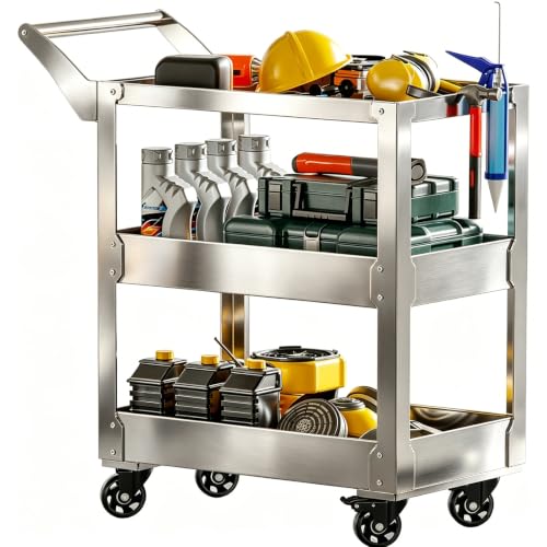 3-Tier Stainless Steel Utility Cart - 15.3” D X 27.7” W x 36.6” H,1100 lbs Heavy Duty Service Cart with Wheels for Mechanics, Garage & Repair Tool Storage.
