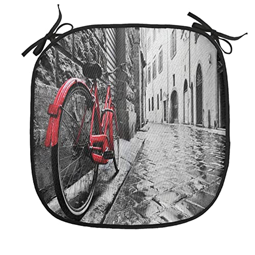 Lunarable Bicycle Chair Cushion Pad, Classic Bike on Cobblestone Street in Italian Town Leisure Photo, Seat Padding for Kitchen & Patio with Anti-Slip Backing, 16"x16", Red Black and White - color: Red Black and White, size: Pack of 1