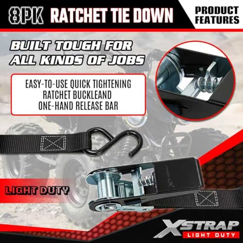 XSTRAP STANDARD 8-Pack Ratchet Tie Down Straps, 1" x 10ft, 900lb Break Strength Heavy Duty Straps for Motorcycles, ATVs, Lawn Equipment, Appliances & Truck Cargo - Black - color: Black