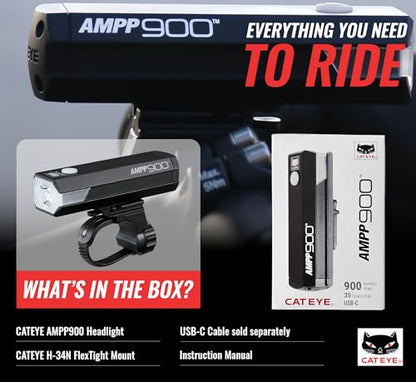 CATEYE AMPP USB Rechargeable Bike Light – High Visibility Super Bright OptiCube™ Headlight for Commuters, Road Cyclists & Mountain Bikers, Day & Night Riding Modes, IPX4 Waterproof, Tough & Durable - style: Ampp900