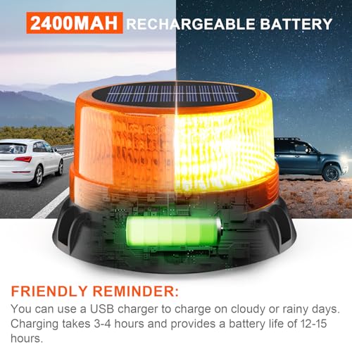 AnTom Solar LED Wireless Strobe Lights, Waterproof Rechargeable Amber Beacon Light with Strong Magnetic Base, Warning Rotating Flashing for Working Vehicle - color: Amber