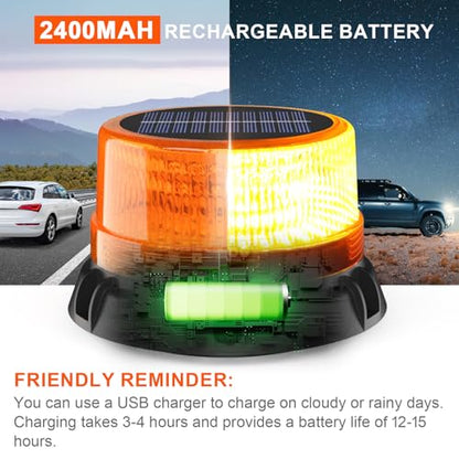 AnTom Solar LED Wireless Strobe Lights, Waterproof Rechargeable Amber Beacon Light with Strong Magnetic Base, Warning Rotating Flashing for Working Vehicle - color: Amber