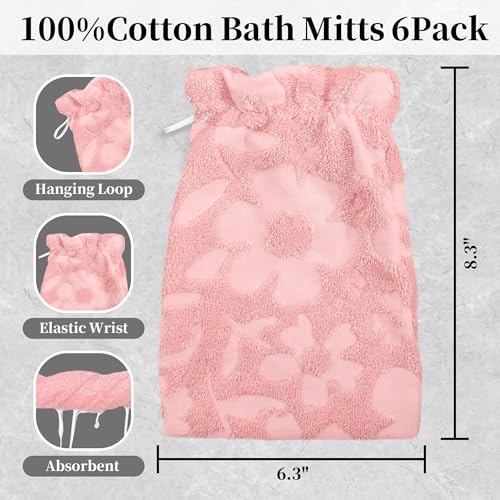 VOOVA & MOVAS 6-Pack Shower Wash Cloth, 100% Cotton Soft Absorbent Bath Mitts with Hanging Loop, 8.3x6.3 Inch European Style Bathing Gloves for Body & Spa, Jacquard Pink Flower - color: Jacquard-pink Flower-2