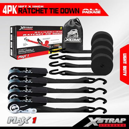 XSTRAP STANDARD Ratchet Tie Down Straps 4 Pk 10 Ft- 300 Lbs Load Cap- 900 Lbs Break Strength-Cargo Straps for UTV, ATV, Pickup,Truck, Moving Appliances, Lawn Equipment, Black - color: Black, size: 4pk 1inchx10ft