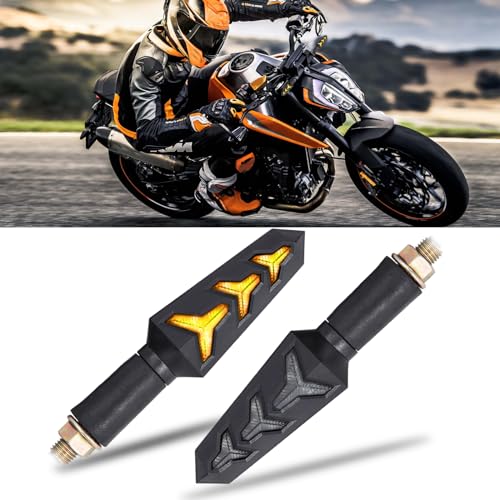 JMTBNO 2pcs Motorcycle Flowing Turn Signals Lights Universal 12V 12 LED Blinkers Indicators Lamp Compatible with Honda Yamaha Suzuki Street Sports Bike Dirt Bike Cruiser Scooter Quad Enduro Off Road - color: Amber-Y Shape
