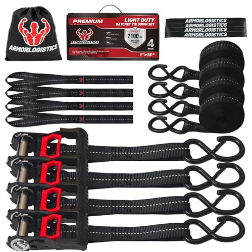 Ratchet Straps (4 Pack) - 1in x 15ft Motorcycle Strap Tie Downs with 15ft Soft Loops - 2,100lb Break Strength Ratchet Tie Down Straps for Motorcycles, Truck, Cargo - Safety S Hook, Storage Bag - color: Black, size: 2100 lb