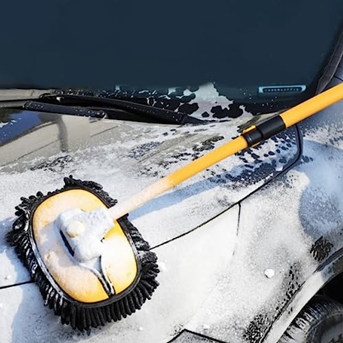 57'' Car Wash Brush with Long Handle Chenille Microfiber Car Wash Kit， Mitt Retractable Bent Pole Car Wash Brush for Cars RV Truck Boat (Yellow) - color: Yellow