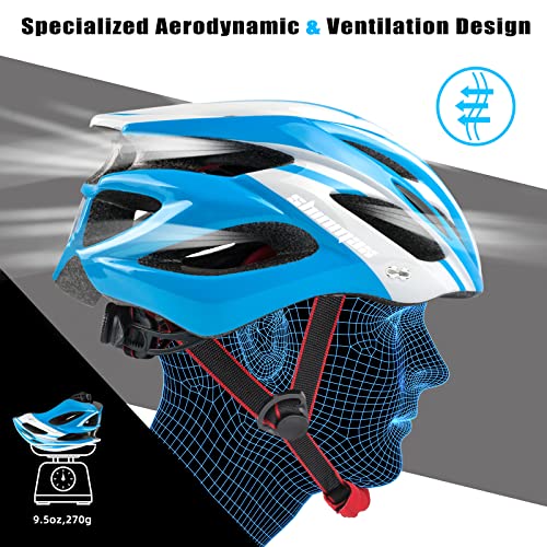 Bike Helmet Men Women, Shinmax Bicycle Helmet with Rear Light and Detachable Visor - color: Blue/White, size: Large (57-62 cm)