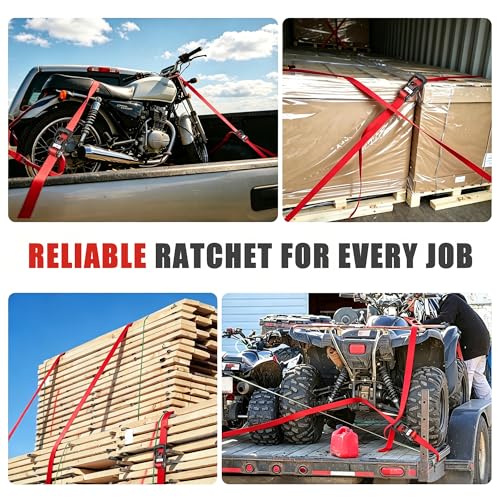 AWELCRAFT Ratchet Straps(4 Pack),3300lb Breaking Strength,1.5in×10ft Heavy Duty Tie Down Ratcheting with Padded Handles,Double J Hooks & 4 Soft Loops for Trailer,Trucks,Motorcycle(Red) - color: Red