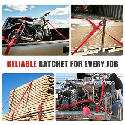 AWELCRAFT Ratchet Straps(4 Pack),3300lb Breaking Strength,1.5in×10ft Heavy Duty Tie Down Ratcheting with Padded Handles,Double J Hooks & 4 Soft Loops for Trailer,Trucks,Motorcycle(Red) - color: Red
