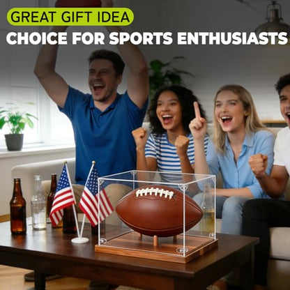 Football Display Case Full Size, Acrylic Clear Box with Wood Stand, UV Protected Memorabilia Holder, for Football Fans & Collectors, Sports Collectibles - size: 13.9ln×8.9ln×1.5ln