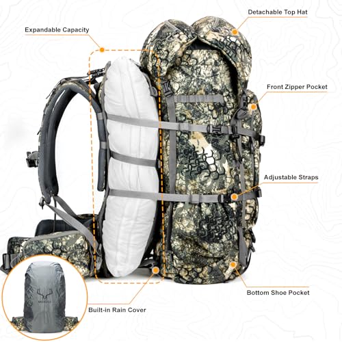 MOXULE Pro 3600 Camo Frame Backpack - Meat Hauler Pack with Rain Cover for Outdoor - color: Camo 60l