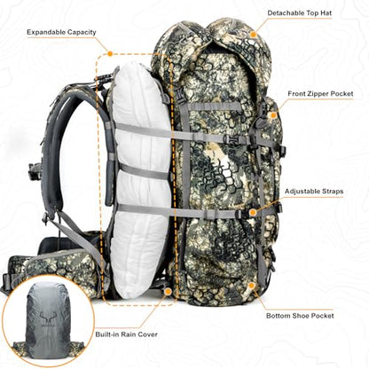 MOXULE Pro 3600 Camo Frame Backpack - Meat Hauler Pack with Rain Cover for Outdoor - color: Camo 60l
