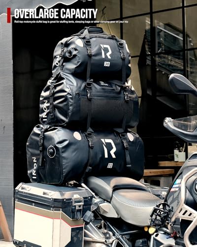 IRON JIA'S Motorcycle Dry Bag - Waterproof Duffle & Luggage Tail Bag Saddle Bags with Roll Top Closure, Shoulder Straps, Inner Pocket and Mesh Pocket (Black, 50L) - color: Black, size: 50L