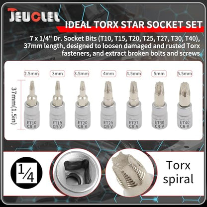 7PCS Torx Star 6 Point 1/4-Inch Impact Drive Socket Kit, Broken Bolt Extractor with T10 T15 T20 T25 T27 T30 T40 - Damaged & Stripped & Fastener Screw Remover Tool Set