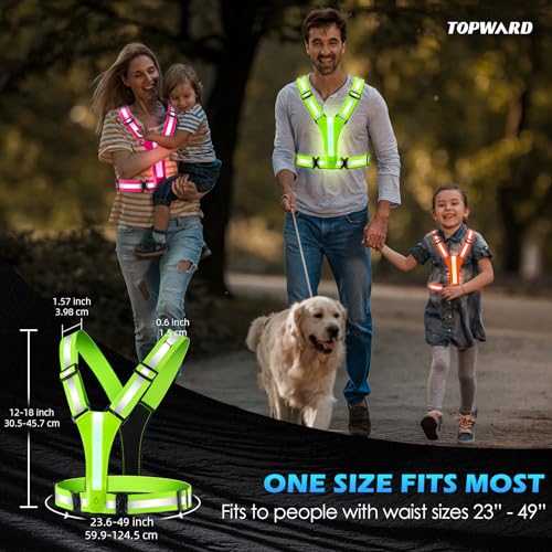 Topward LED Reflective Vest Running Gear, 8 Lights Colors Illuminated, USB-C Rechargeable, High Visibility Safety Vest with Adjustable Waist/Shoulder, Light Up Vest for Night Dog Walking Cycling