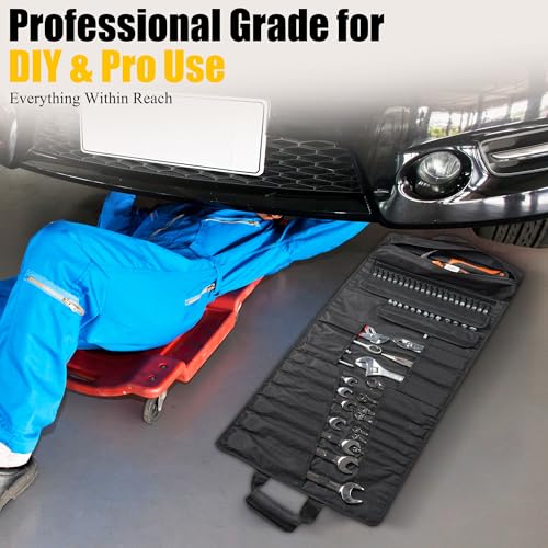 Tool Bag,Large Roll-Up Tool Bag Organizer with 28 Pocket Organizer, 34 Socket Slots, Heavy Duty Portable Tool Storage Carrier Bag for Men,Mechanic,Electrician & Hobbyist,Black
