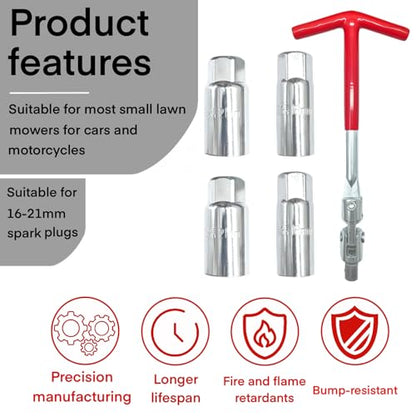 5 PCS Spark Plug Socket Wrench Set, T-Handle Remover Installer Tool with 16mm (5/8") & 21mm (13/16") Sockets, 360° Swivel Carbon Steel Tool for Motorcycle, Lawn Mower & Small Engine