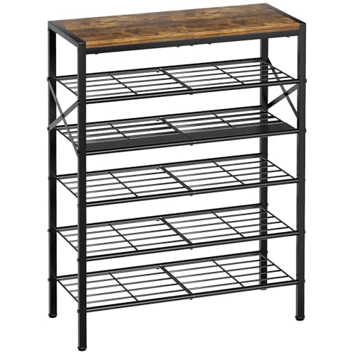 6-Tier Metal Shoe Rack Organizer Shoe Storage for Entryway 18-24 Pairs Narrow Shoe Rack for Closet Heavy-Duty Shoe Rack with Wooden Top Shelf for Garage Rustic Brown - color: Rustic Brown, size: 6-tier