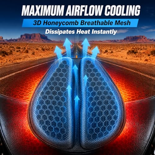 Hexrider Motorcycle Seat Cushion with Cover, 3D Honeycomb Cooling Gel Pad for Long Rides, Universal Non-Slip Shock Absorbing Seat Cover for Motorcycle Accessories, Foldable Breathable Cushion.