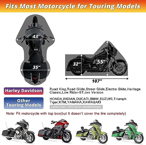 Motorcycle Cover for Touring Models Harley Davidson Road King Road Glide Street Glide Electra Glide Low Rider-ST Indoor & Outdoor All Weather Protection with Vents (Black&Grey) - size: Side Box