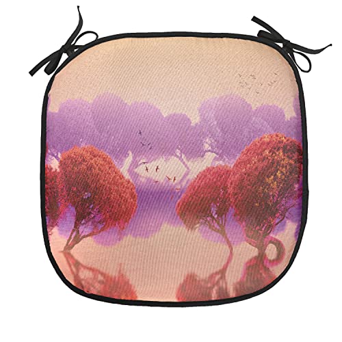 Lunarable Magic Chair Cushion Pad, Peaceful Landscape with Japanese Trees and Surreal Futuristic Nature Picture, Seat Padding for Kitchen & Patio with Anti-Slip Backing, 16"x16", Red Purple - color: Red Purple, size: Pack of 1