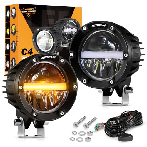 Auxbeam 4 Inch 110W Round Offroad Lights, Amber DRL Design 11000LM LED Light Pods, Super Bright 7035 SMD LED Work Driving Fog Light with DT Wiring Harness Kit for Truck Jeep Pickup SUV ATV UTV, 2 PCS - color: C4 Series-White Beam with DRL