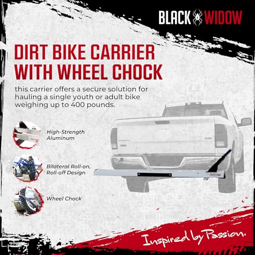 Black Widow Motorcycle Hitch Carrier with Wheel Chock & Ramp, 400 lb Capacity Anti-Rattle – Lightweight Aluminum Dirt Bike Transport Platform with Secure Mounting – Fits 2" Receiver - style: Single Bike with Wheel Chock