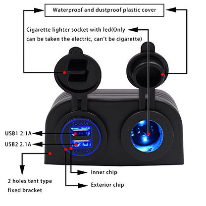 BlueFire Two Hole Tent Type Panel 4.2a Dual USB Charger + 12V/24V Cigarette Lighter Socket for Car Motorcycle Boat Marine ATV RV