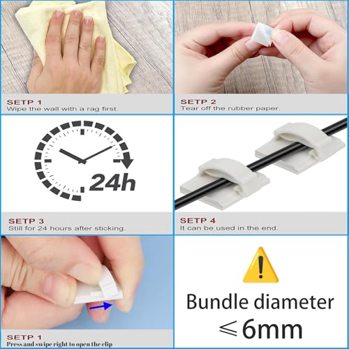 Adhesive Cable Holder Management Wire Clips 50 Pcs White，Suitable for Cables with a Diameter of ≤ 6mm in Cars, Houses, and Offices - color: White
