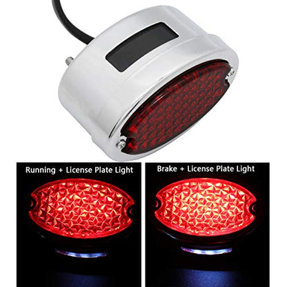FATECIM Motorcycle Custom Oval-shaped LED Tail Light Cat Eye Rear Running Light Brake Light Stop Light Red Lens Integrated License Plate Lamp Universal Fit for Motorcycle/Cruisers/Bikes(Chrome) - color: 3035-Chrome