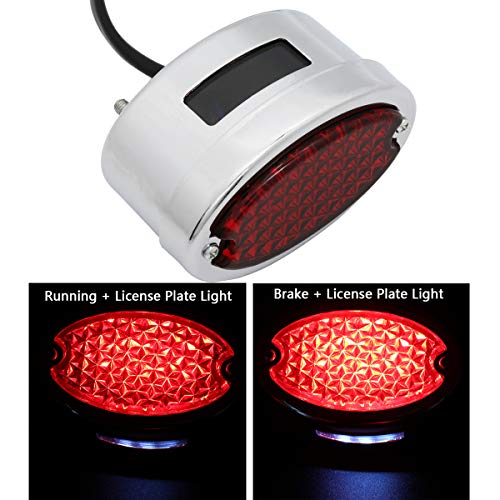 FATECIM Motorcycle Custom Oval-shaped LED Tail Light Cat Eye Rear Running Light Brake Light Stop Light Red Lens Integrated License Plate Lamp Universal Fit for Motorcycle/Cruisers/Bikes(Chrome) - color: 3035-Chrome