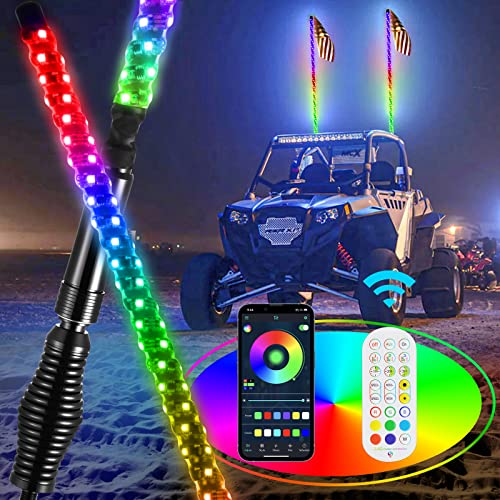 Ehaho 2 Pack 5FT Whip Lights with Spring Base,LED Whip Light with App & Remote Control, Spiral RGB Chasing Lighted Whips with Rocker Switch, Music Whip Light for UTV ATV Polaris RZR Can-Am SXS Truck - size: 5FT / (Pack of 2)