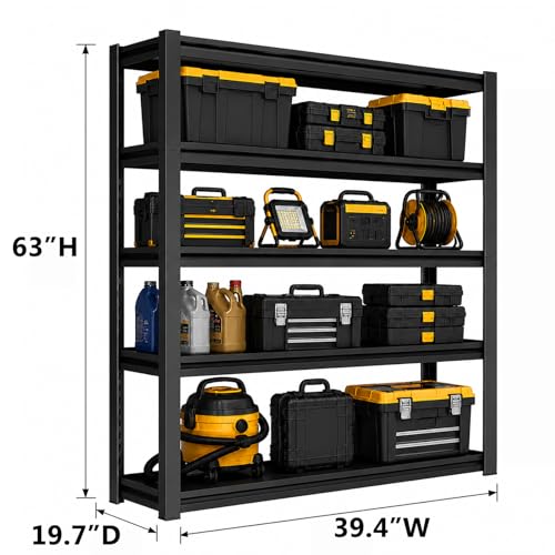 5-Tier Garage Shelving Heavy Duty, 40"W Metal Storage Shelves, 3000 lbs, Adjustable 20 Inch Deep Steel Shelf Rack for Industrial Warehouse Basement, Black, 63" H - size: 5 Tier | 63" H x 40" W x 20" D