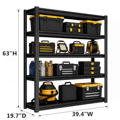 5-Tier Garage Shelving Heavy Duty, 40"W Metal Storage Shelves, 3000 lbs, Adjustable 20 Inch Deep Steel Shelf Rack for Industrial Warehouse Basement, Black, 63" H - size: 5 Tier | 63" H x 40" W x 20" D