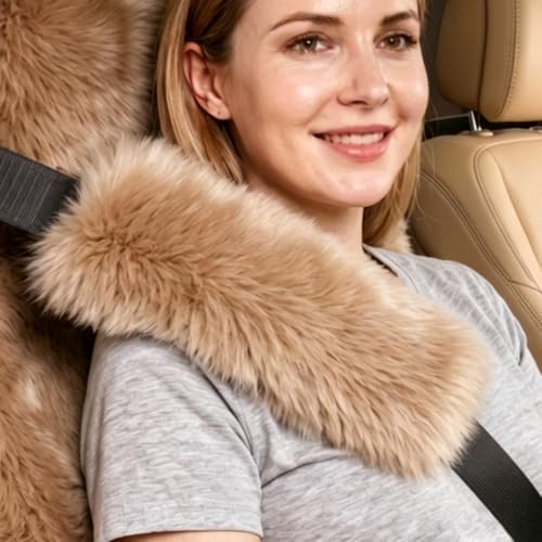 OGLAND Genuine Sheepskin Car Seat Belt Cover Pad-Soft Fuzzy Fluffy Seatbelt Covers-Comfy Shoulder Pad Neck Cushion Protector for Woman, Man, Girl Car Accessories (Long Wool Light Brown) - color: Long Wool Light Brown