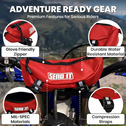 Waterproof Dirtbike Handlebar Bag | Compact Motorcycle Handle Bar Storage Pouch | Universal Fit Dirt Bike Bag for Trail & Adventure Riding | Durable Surron Bar Bag - Red - color: Red
