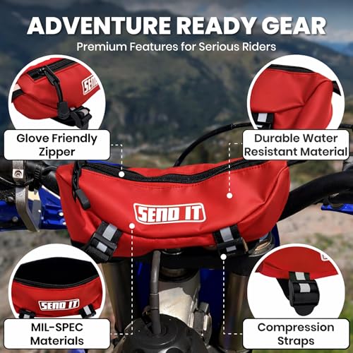 Waterproof Dirtbike Handlebar Bag | Compact Motorcycle Handle Bar Storage Pouch | Universal Fit Dirt Bike Bag for Trail & Adventure Riding | Durable Surron Bar Bag - Red - color: Red