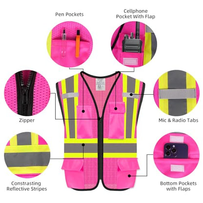 Safety Vest with Pockets - High Visibility Reflective Mesh Vest for Men & Women - color: Pink, size: Large