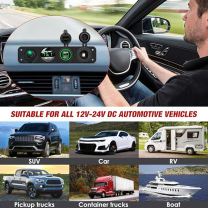 Nilight 4 in 1 ON Off Charger Panel Dual USB Power Outlet Green LED Voltmeter and Cigarette Lighter Outlet LED Lighted On-Off Rocker Toggle Switch for Truck Car Marine Boats RV - color: Green