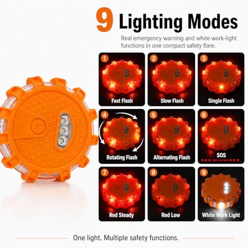 Huyumpxy LED Road Flares Emergency Lights, 9 Flashing Modes Roadside Safety Warning Light with Magnetic Base & Built-in Hook, Battery Powered Safety Beacon for Car, Truck, Motorcycle, Camping, 1 Pack