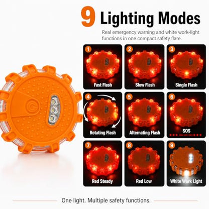 Huyumpxy LED Road Flares Emergency Lights, 9 Flashing Modes Roadside Safety Warning Light with Magnetic Base & Built-in Hook, Battery Powered Safety Beacon for Car, Truck, Motorcycle, Camping, 1 Pack