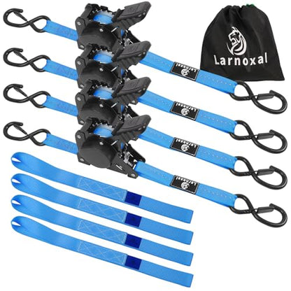 Retractable Ratchet Straps 4 Pack - 1,500 Lbs Break Strength 1 in x 10 Ft Heavy Duty Retractable Ratchet Tie Down Straps with S Hooks Set for Truck, Cargo Van, Trailer, Motorcycle (Blue) - color: Blue