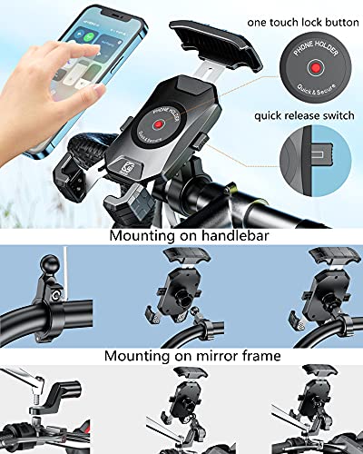 BRCOVAN Bike Motorcycle Phone Mount Holder, 1s Locking | with Solid Aluminum Alloy Mounting Base, Handlebar Cell phone Clip for Bicycle ATV Scooter, Fit 4-7'' Smartphone